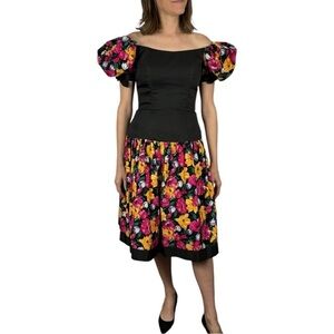VINTAGE VICTOR COSTA 80S PUFF BOW SLEEVE FLORAL TULLE COTTON DROP WAIST DRESS